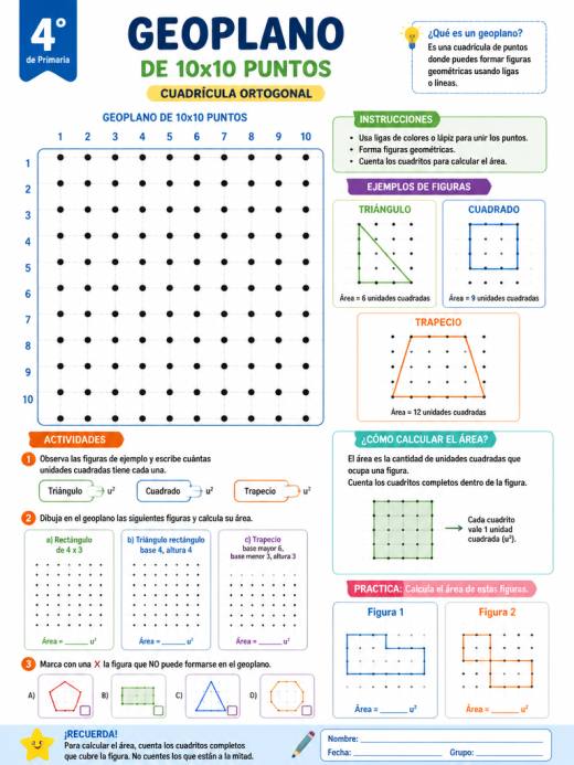 Geoplano de 10x10 puntos con cuadrícula ortogonal