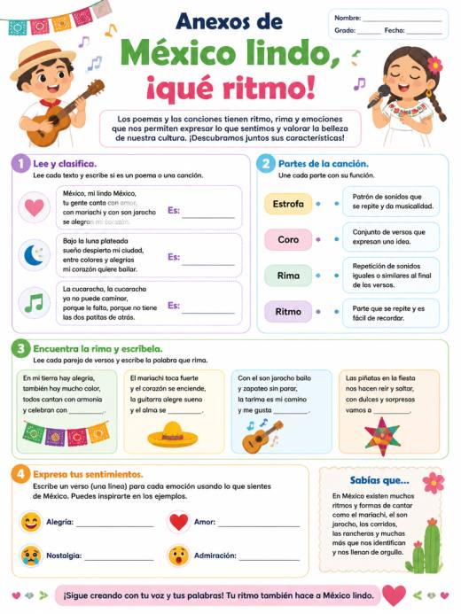 Hoja de Trabajo: Anexos de México lindo, ¡qué ritmo! (Primaria)
