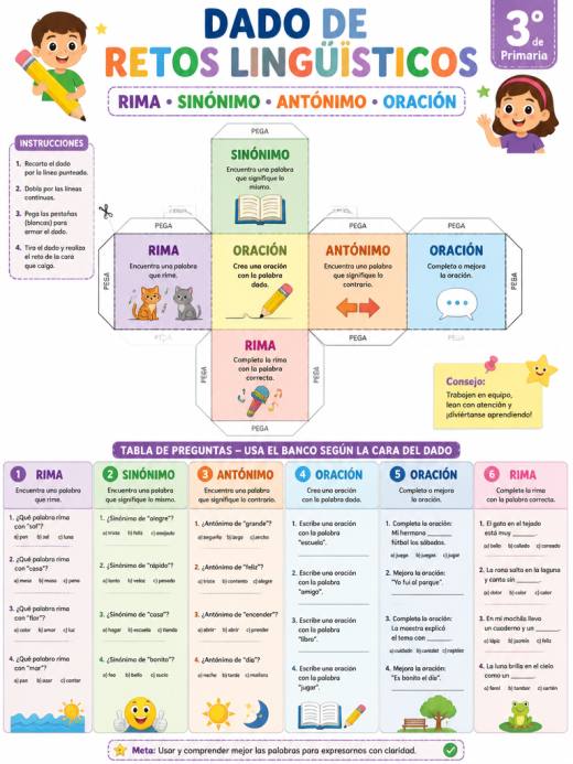 Dado de Retos Lingüísticos: Rima, Sinónimo, Antónimo, Oración