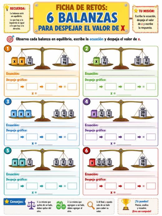 Ficha de retos: 6 balanzas para despejar el valor de X